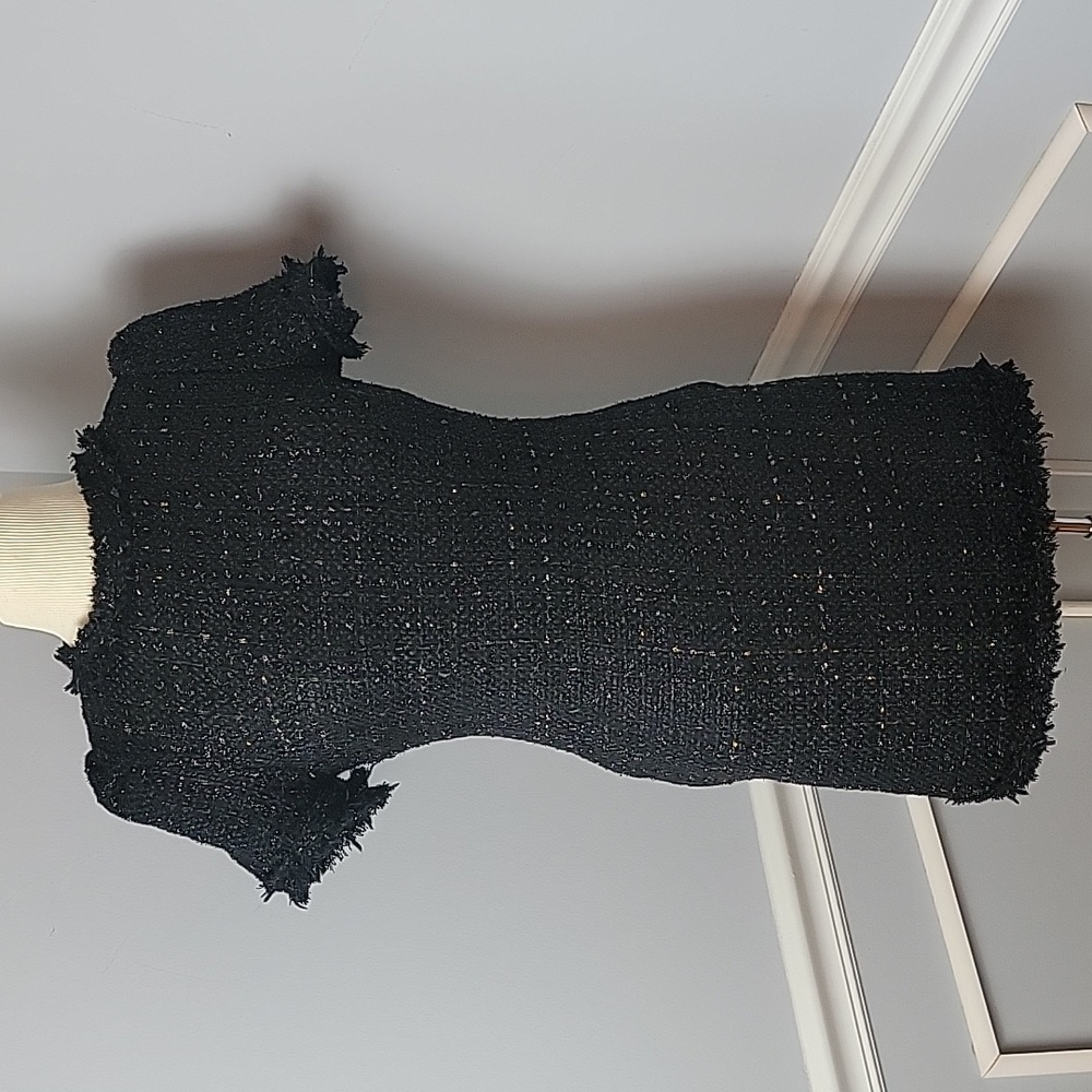 SHE & SKY Black Gold Metallic Thread Tweed Raw Edge Party Holiday Preppy Dress S